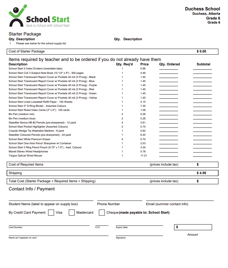Supply Lists for the 2025 - 2026 School Year