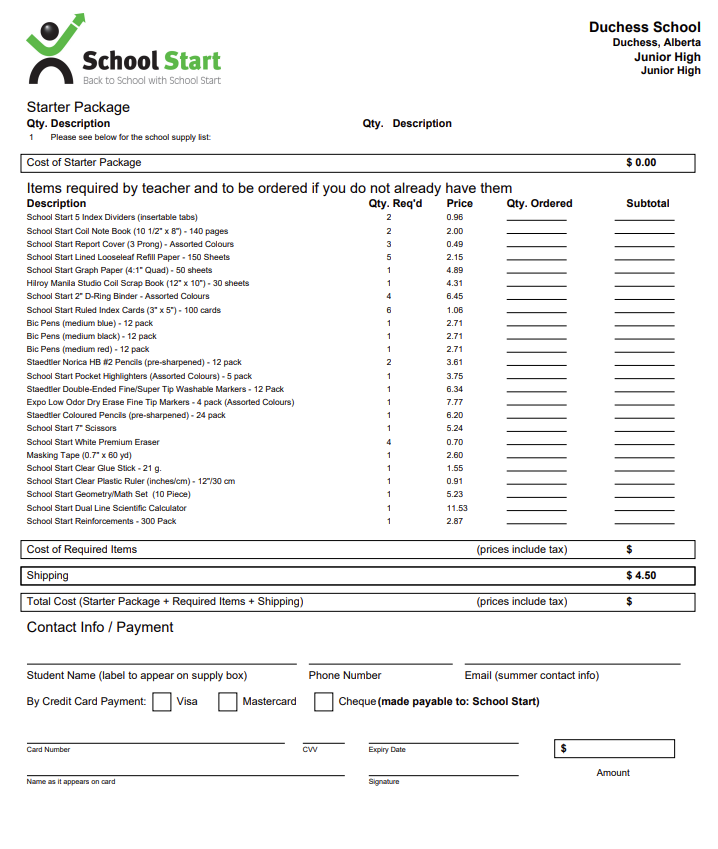 Supply Lists for the 2025 - 2026 School Year
