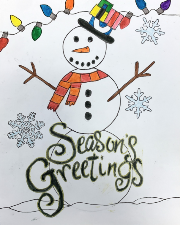 This photo features this year's selected holiday card; a snowman with the UGDSB logo as the hat and the words 'Season's Greetings'.