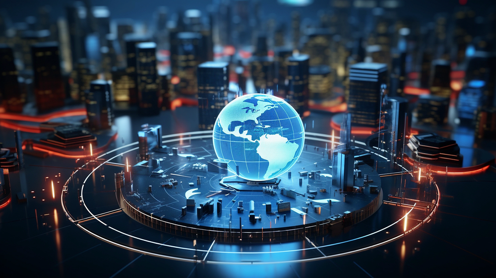 An AI generated image of a digital globe amid computer chips